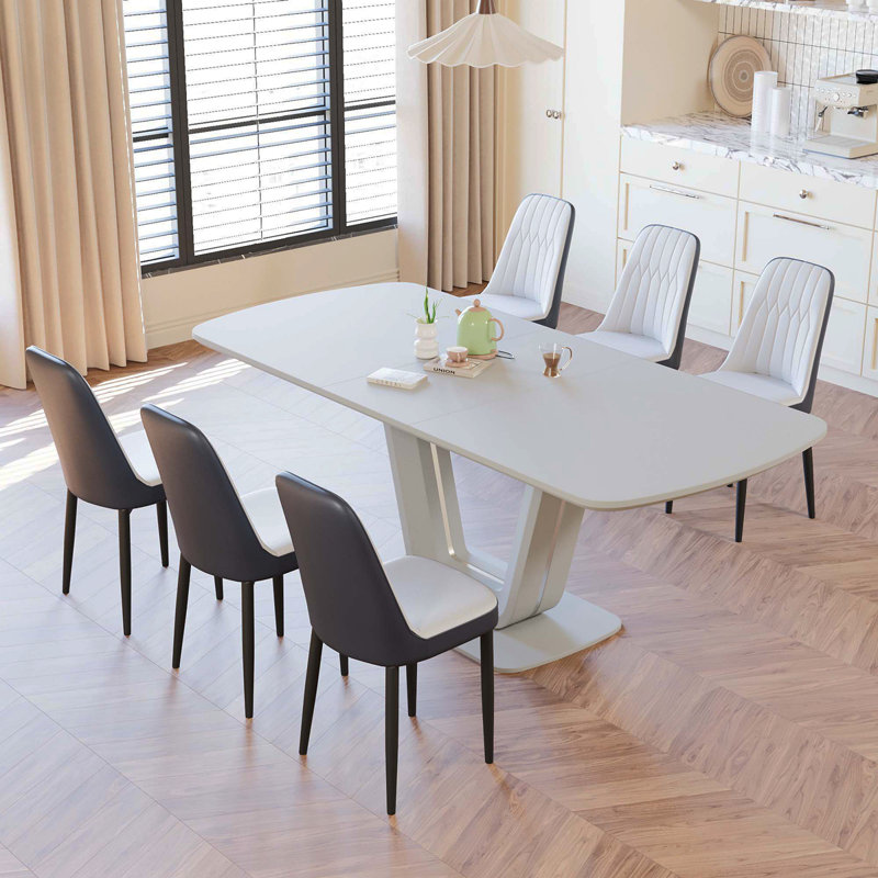 Ensemble de table de salle à manger extensible de 62,99 à 78,74 po pour 2 à 8 personnes, équipé de 6 chaises de salle à manger rembourrées en tissu polyuréthane épais, d'une table de salle à manger spacieuse, d'une table et de chaises de cuisine, avec des pieds en U