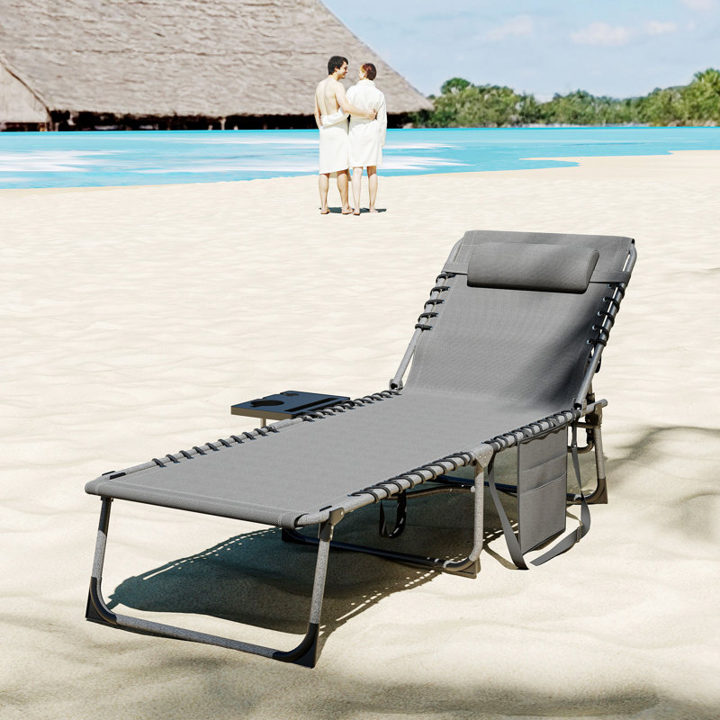 Folding Chaise Lounge Chair Outdoor Tanning Chair with Side Table, 5-Level Adjustable Beach Lounge Chair with Headrest, Side Pocket for Patio, Backyard, Beach, Poolside