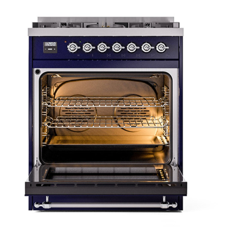 ILVE Nostalgie II Series 30 inch Dual Fuel Range with 5 Sealed Burners (Glass Door), Natural Gas, Midnight Blue/Chrome