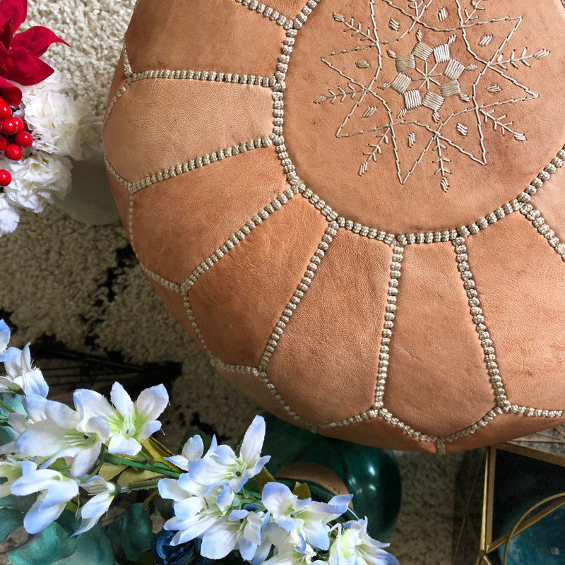 Upholstered Pouf, Morrocan Leather Tan, Tan