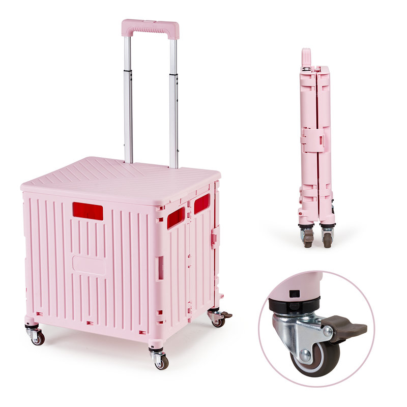 Chariot utilitaire pliable avec couvercle, boîte à outils pliable avec 4 roues pivotantes (rose)