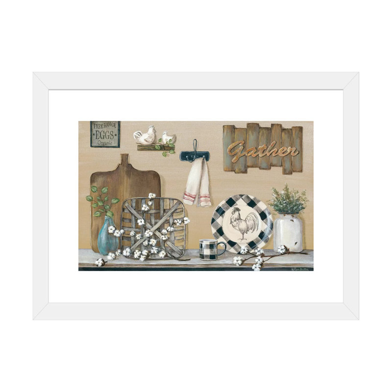 «Farmhouse Kitchen» par Pam Britton - impression d'art graphique, H 16 po x l 24 po x P 1 po, Papier encadré blanc