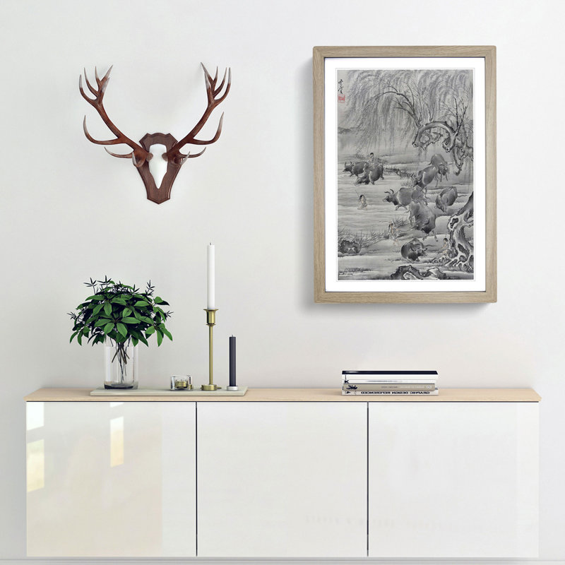 Buffalo & Herdsman by Kawanabe Kyosai - Picture Frame Art Print, 65cm H x 48cm W x 2cm D, Oak Framed