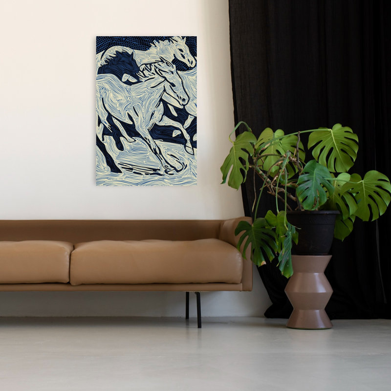 «Blue Flowing Horses», reproduction d'art murale cheval contemporain, 48" H x 32" W