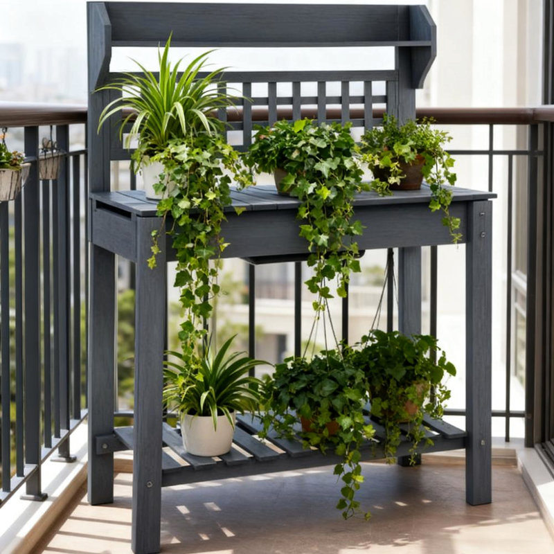 Banc de rempotage avec table extensible et tablette de rangement - Bois de sapin, couleur grise, utilisation à l'extérieur pour les espaces de jardin, plateau de table coulissant, rangement, évier à sec, fabrication en bois