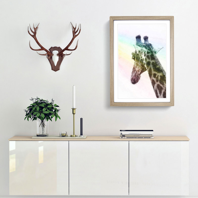 Giraffe Facing the Rainbow - Picture Frame Painting Print, 33cm H x 24cm W x 2cm D, Oak Framed