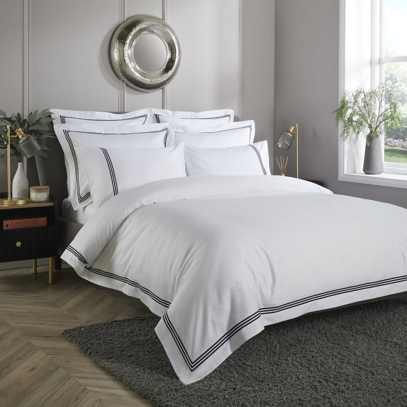 800 Thread Count Triple Row Embroidered Sateen Duvet Cover, Super King Duvet Cover, White/Black