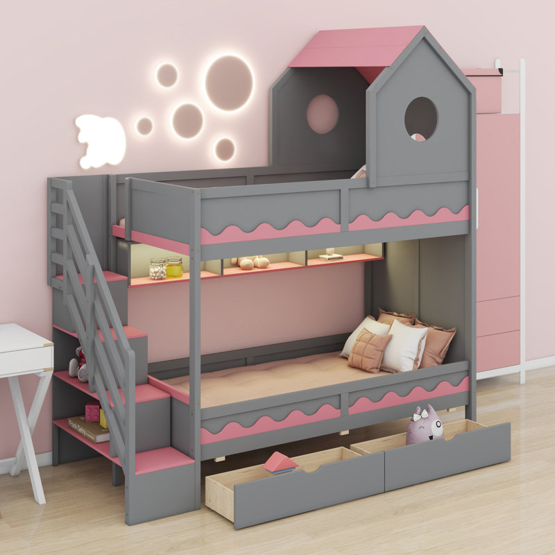 Lit superposé en bois avec escalier de rangement, tiroirs, lumières DEL et tablettes, Gris