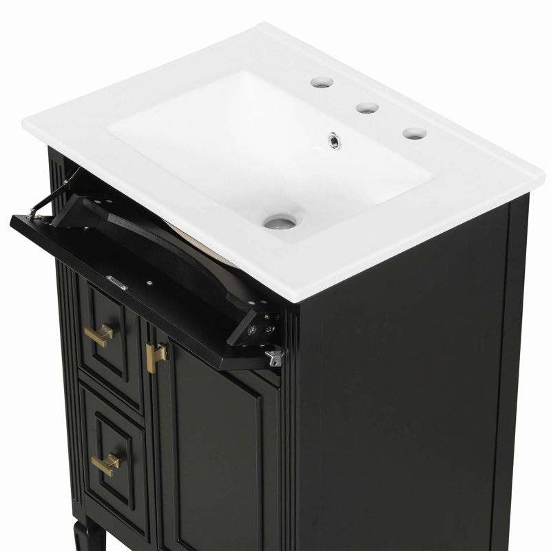 Meuble-lavabo 24 po avec lavabo, armoire en bois massif et panneau de fibres à densité moyenne avec un tiroir rabattable, deux tiroirs standard et une tablette réglable, meuble-lavabo autoportant pour le rangement de la salle de bain