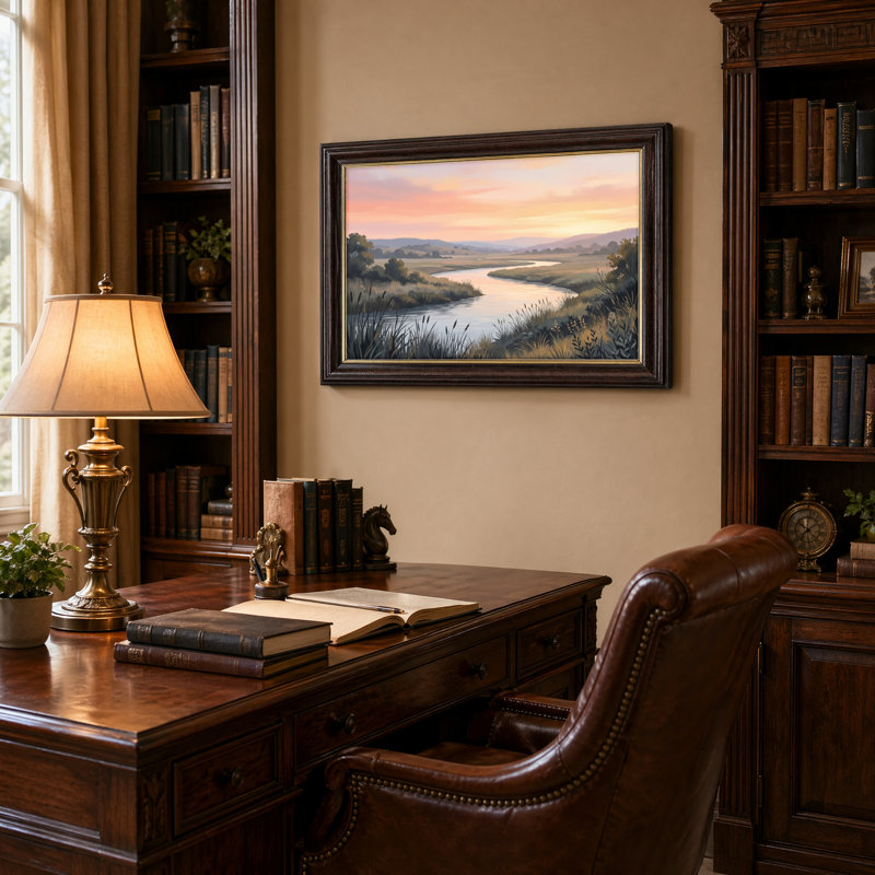 Art mural antique sur toile encadré doré pour le salon, la chambre à coucher, le bureau ou le vestibule - Décoration murale décorative avec paysage fluvial
