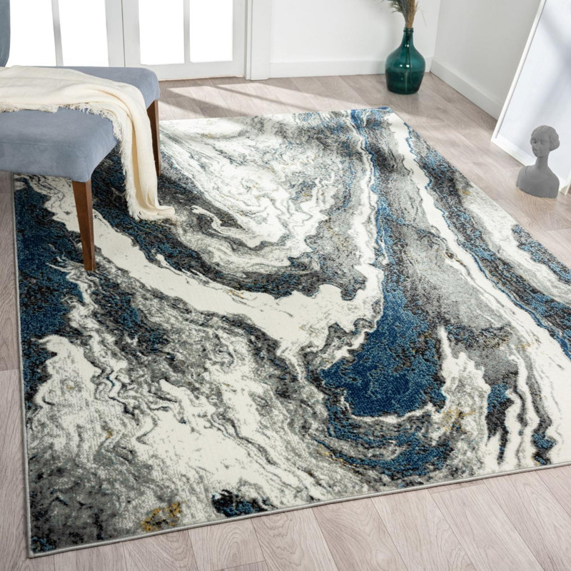 Tapis rectangulaire en polypropylène abstrait gris / bleu / crème Victoria, Rectangle 5 pi x 7 pi