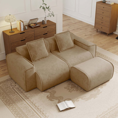 Canapé modulaire en velours 2 places avec passepoil et bord franc et 1 repose-pieds, sans assemblage requis