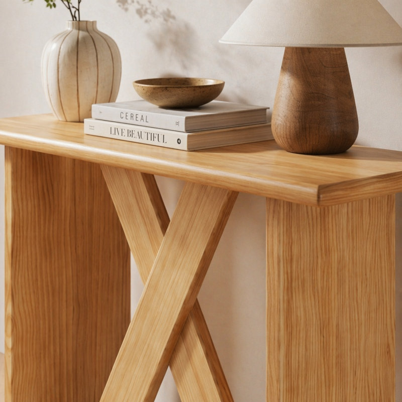 [Vidéo] Console minimaliste moderne en X de 60,25 po, pieds en forme de X en angle, rebords de table arrondis, placage de bois, grain de bois naturel, table de canapé d'entrée pour le couloir du salon