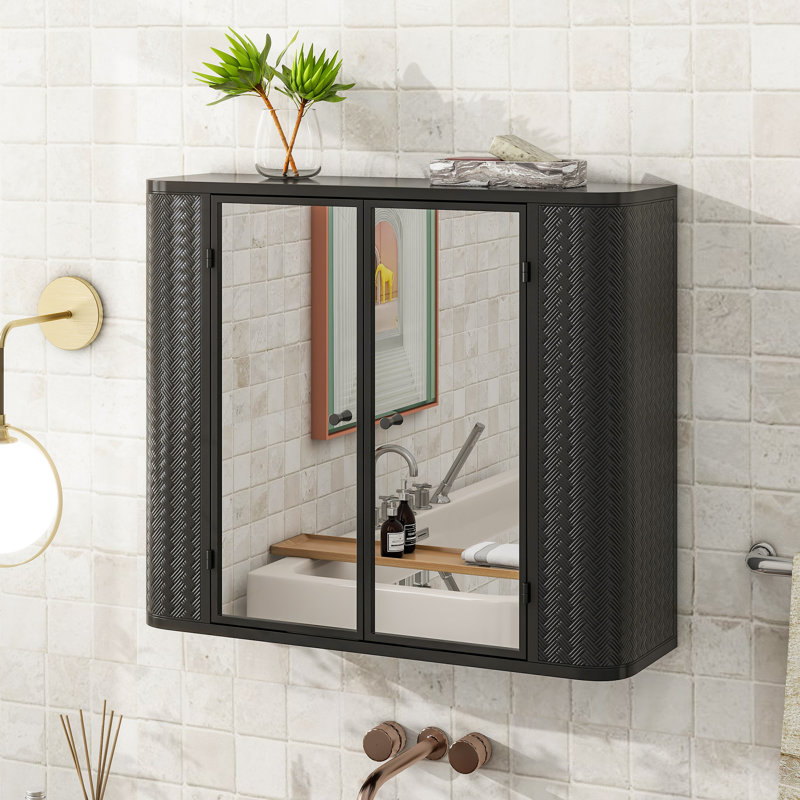 Armoire de salle de bain murale avec miroir, 2 portes en miroir et tablette ouverte, armoire de rangement en métal de style campagnard avec compartiment ouvert pour meuble-lavabo