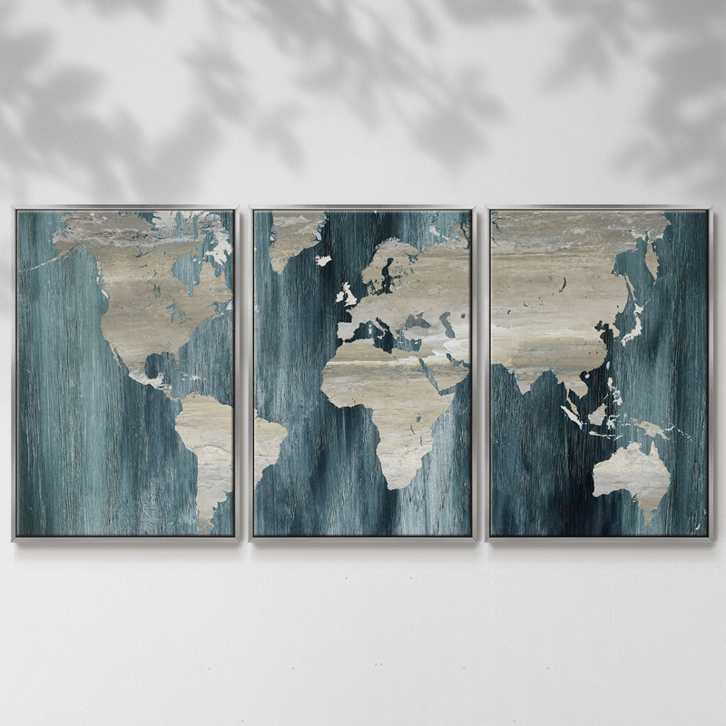 Carte du monde marine - Toile encadrée multi-pièces, H 24 po x l 48 po x P 2 po, Argent