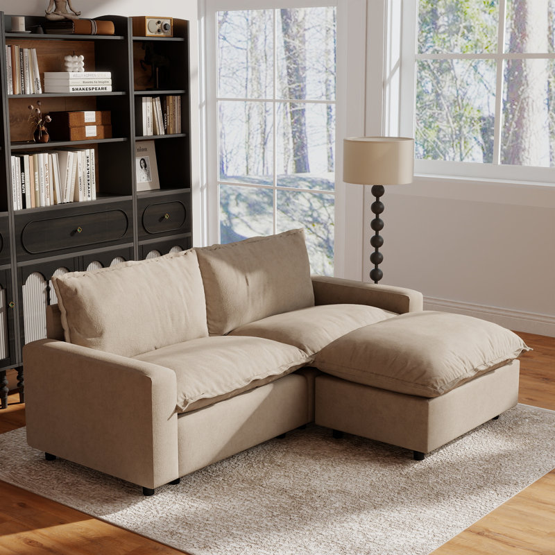 Moncada 3-Piece Upholstered Modular Linen Fabric Sofa With Ottoman For Small Spaces, Khaki