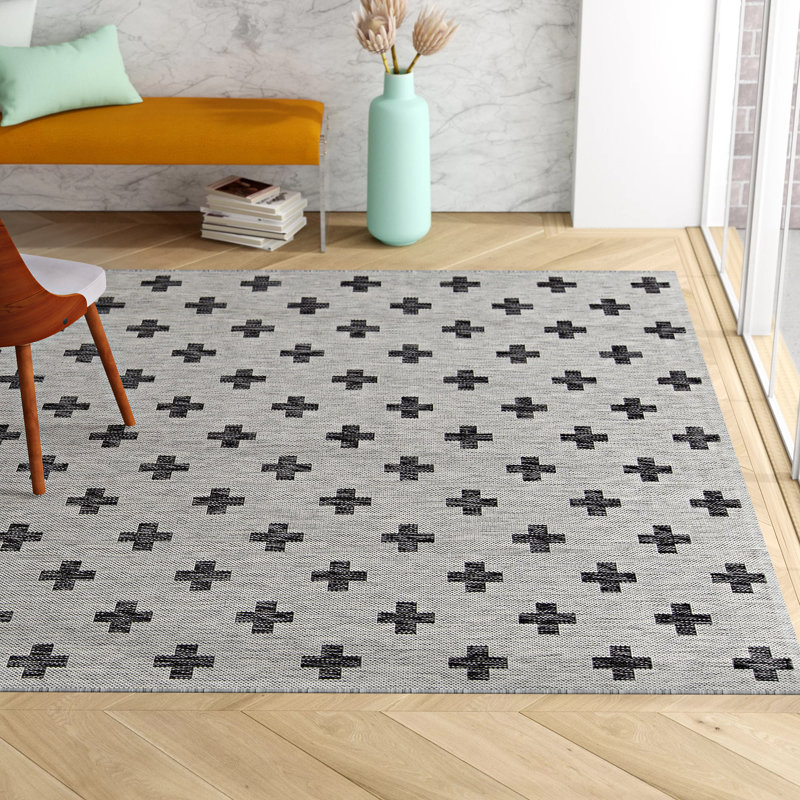 Tapis rayé intérieur / extérieur Umbria, Gris/noir, Rectangle 6 pi 7 po x 9 pi 6 po