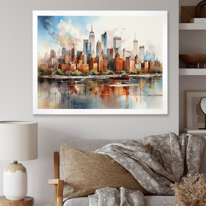 Dreamy New York, paysage rétro, aquarelle - décoration murale New York, H 34 po x l 44 po x P 1,5 po, Cadre simple blanc