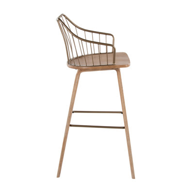 Tabouret de bar à hauteur fixe en bois blanchi et cuivre antique avec repose-pieds carré