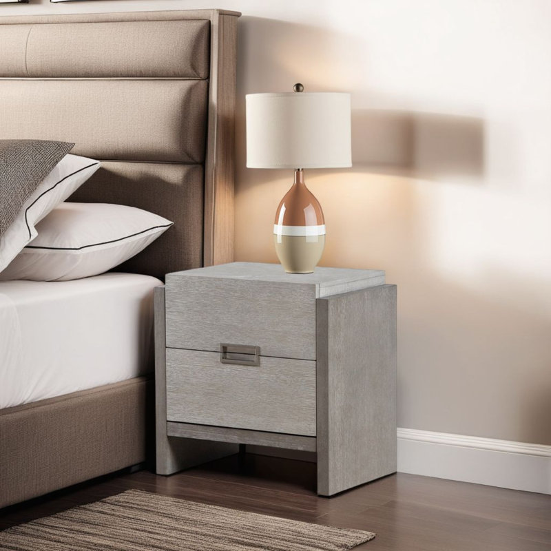 Rizvi Nightstand, 2 Drawers, Dustproof Cases, Gray Solid Wood 26 Inch