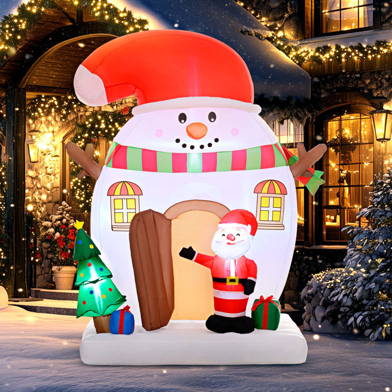 Maison de bonhomme de neige gonflable de 7,5 pi avec père Noël, arbre de Noël et lumières DEL