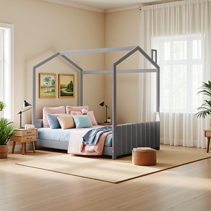 Lit en bois Velvet House, gris, Lit double