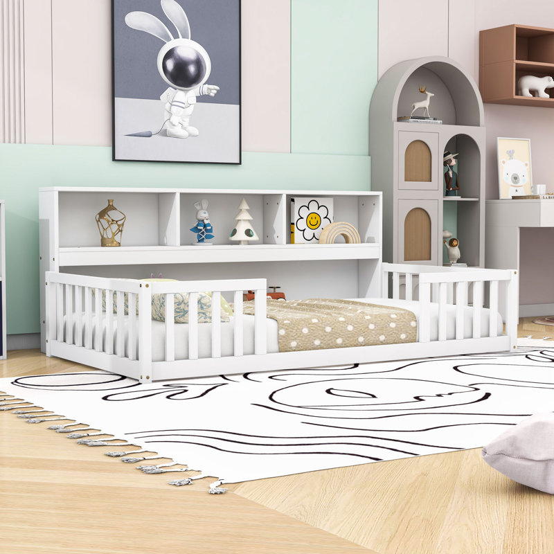 Wooden Floor Bed With Guardrails And Shelves, Twin, White