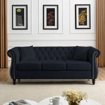80" 3 Seater In Black Velvet, With Rolled Arms And Nailhead Trim, For Living Room, Bedroom, Office, Apartment, Elegant Velvet Couch Seat Back, Luxurious