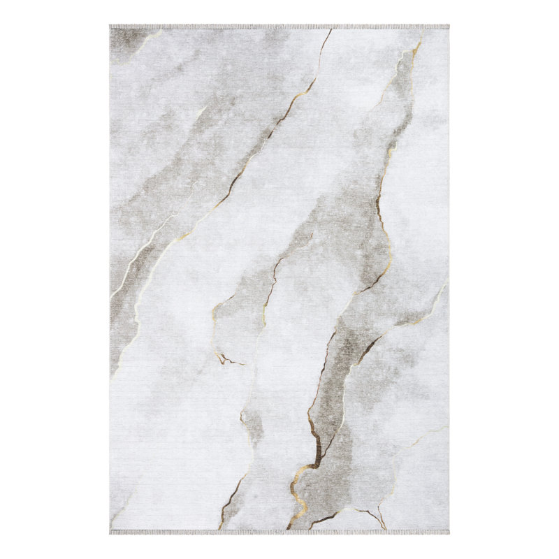 Washable Non-Slip Area Rug - Ivory / Gold Modern Abstract Area Rug for Living Room, Bedroom, Dining Room, and Kitchen