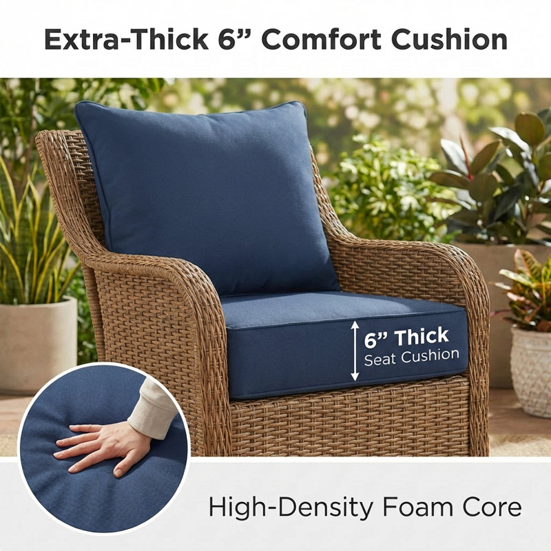 24" x 24" Patio Chair Cushions, 6 Inch Thick Deep Seat Cushion Set with Back Pillow, Outdoor Cushions for Patio Furniture, Water-Resistant Olefin Fabric, Fade-Resistant, Navy Blue, Set of 2