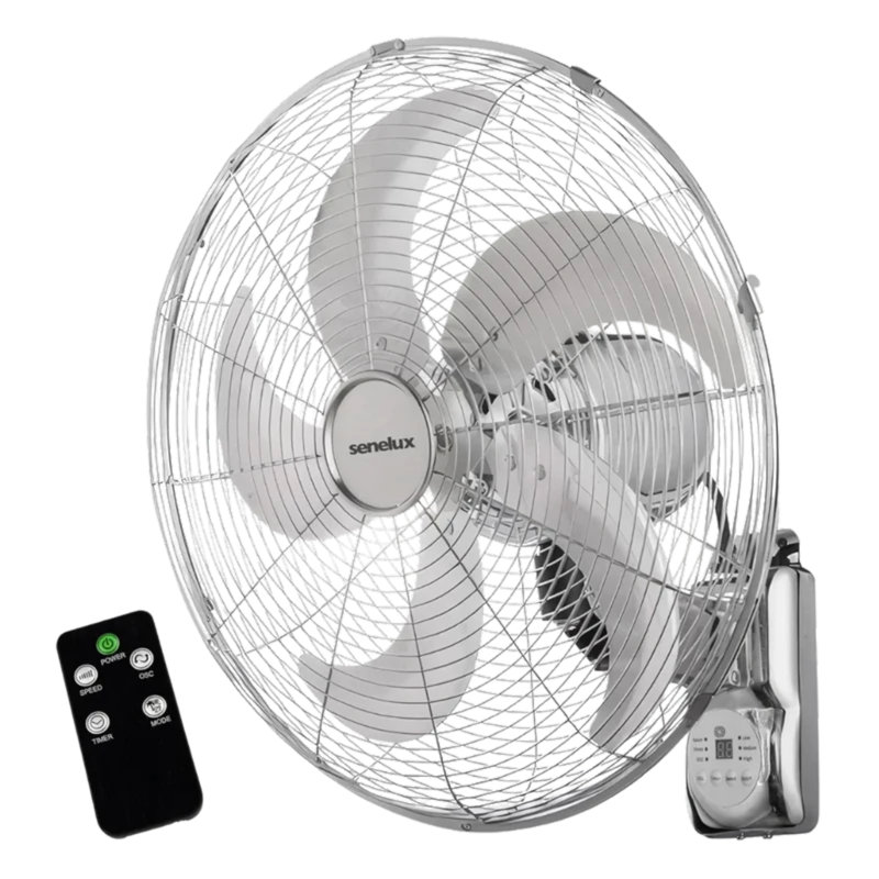 Senelux 16 Inch Chrome Wall Mounted Fan with Optional Remote, Automatic Oscillation and Variable Wind Speeds