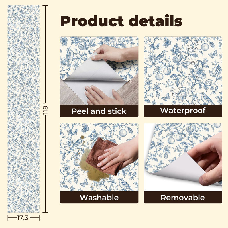 Rouleau de papier peint adhésif autocollant sans couture à motif de fleurs de Chine, 17,5 po x 118 po, Couleur 3