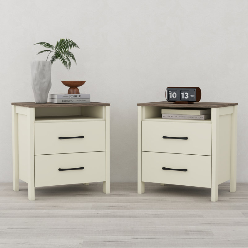  Allysyn 22.7" 2 Drawer Nightstand, Ivory/Knotty Gray Oak, Set of 2