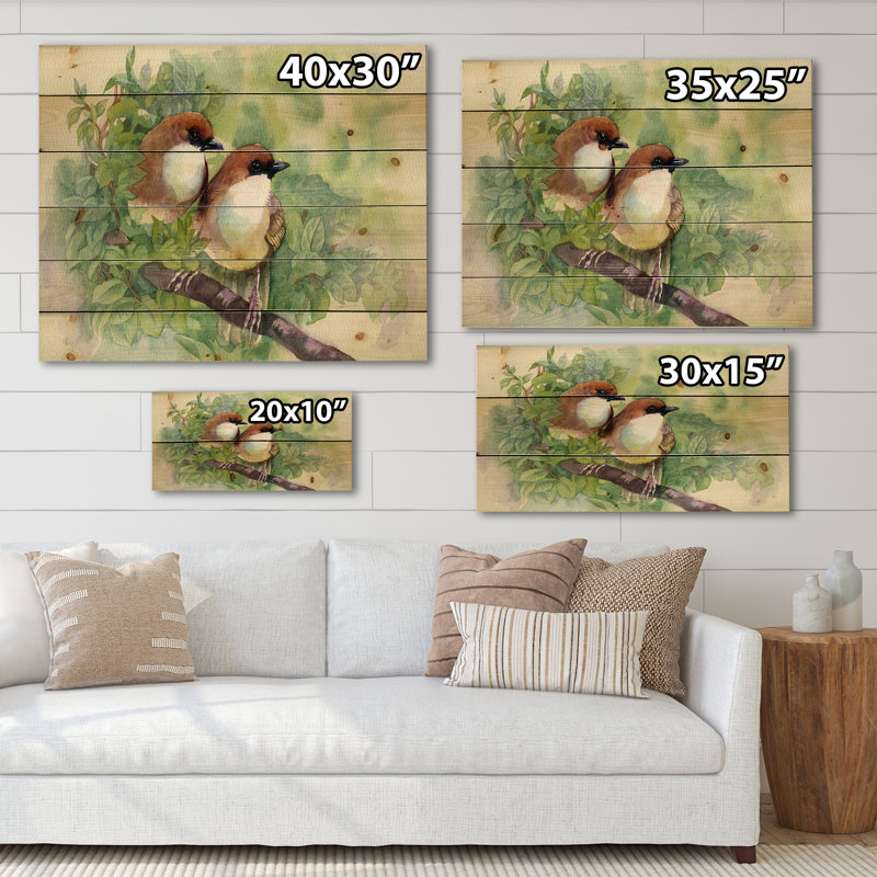 Oiseaux du printemps - Impression traditionnelle sur bois de pin naturel, H 15 po x l 30 po x P 0,78 po