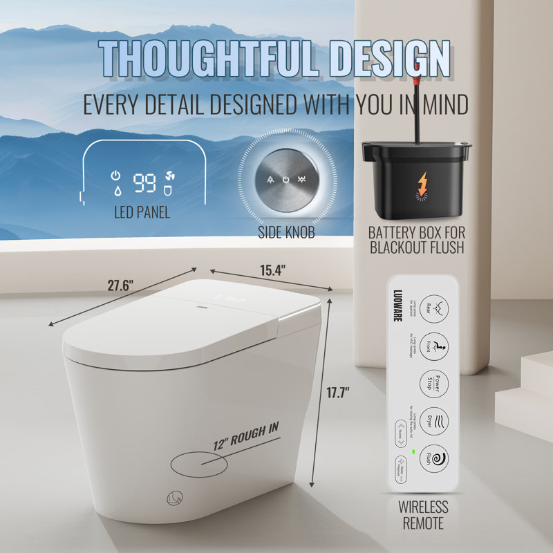 Toilette intelligente avec bidet intégré, ouverture / fermeture automatique, bouclier en mousse, détection de pied, réservoir intégré et chasse automatique assistée par pompe, siège chauffant plus large, toilette de bidet allongée une pièce de luxe