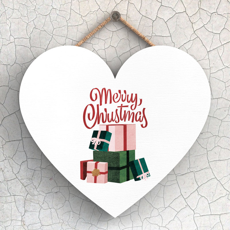 Xmas Merry Christmas Wooden Heart Plaque, 16cm H x 17cm W x 0.9cm D