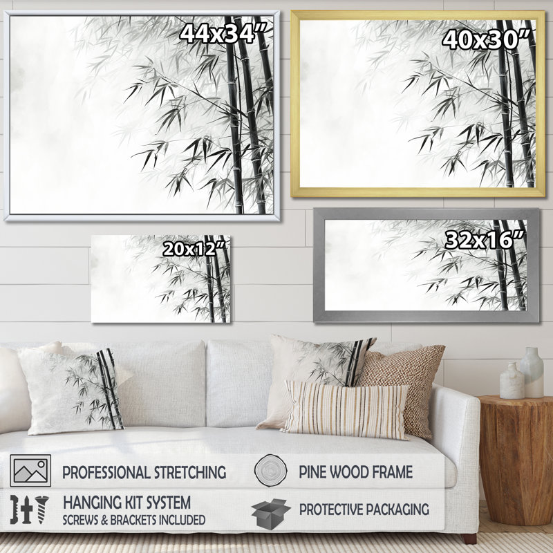 Bambou sauvage noir et blanc sur toile, Cadre photo argenté, H 16 po x l 32 po x P 1 po