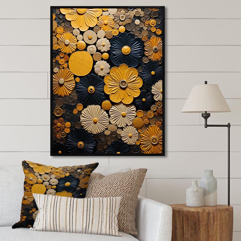 Fleurs jaunes, poterie sur toile, Cadre flottant noir, H 20 po x l 12 po x P 1 po
