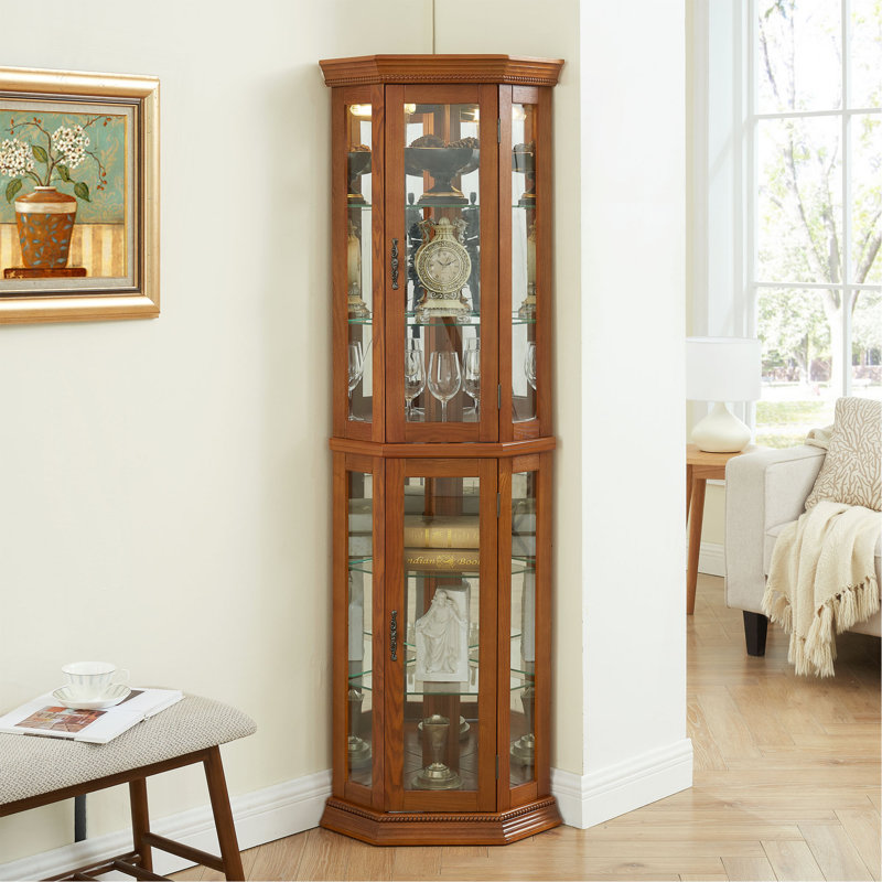 Corner Curio Cabinet Lighted Corner Display, Glass Display Shelf Shelving Bar Cabinet With Tempered Glass Door, Bar Cabinet,Cabinet With Adjustable Shelf Glass Cabinet Shelves Bead Bulb Included