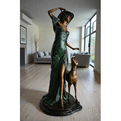Art Deco Woman with Greyhound Bronze Statue Figurine 12"x10"x24"H