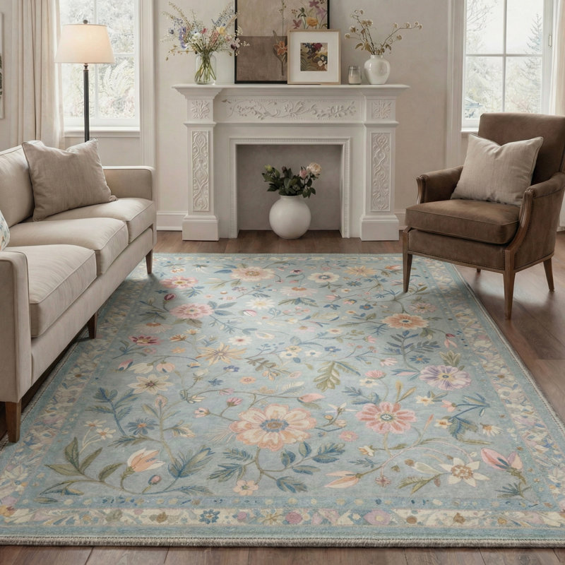 Abbey Blossom Floral Machine Washable Blue / Green / Beige Indoor Area Rug with Non-Slip Backing, Round 5'