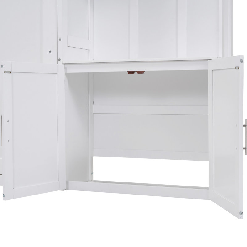 Lit double avec plusieurs tablettes et armoire de rangement, blanc