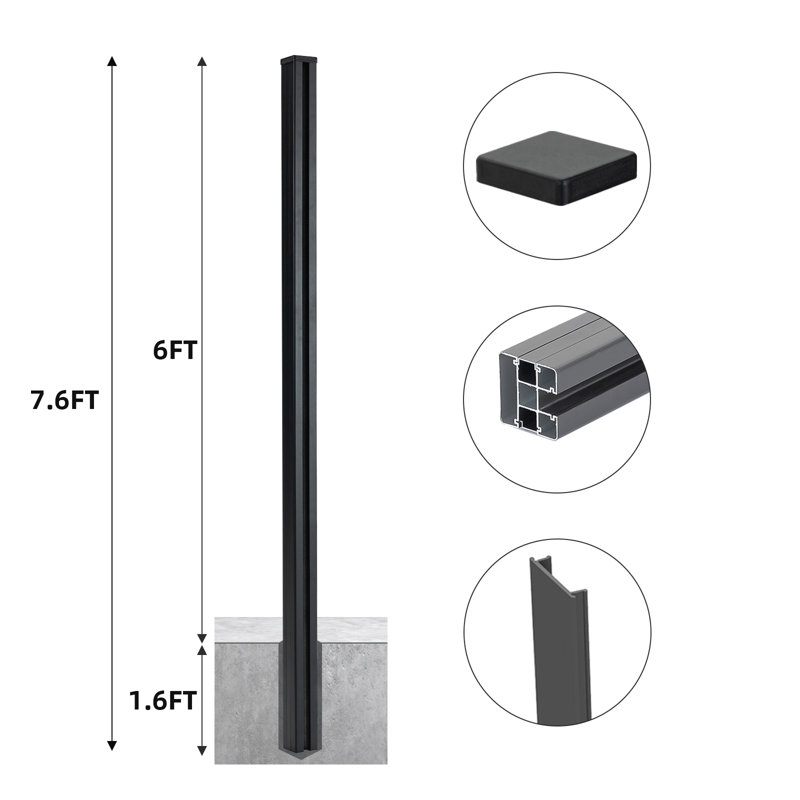 Poteau de clôture en aluminium 7,6 pi H - ensemble de 1 (1,6 pi dans le sol, Groud 6 pi)