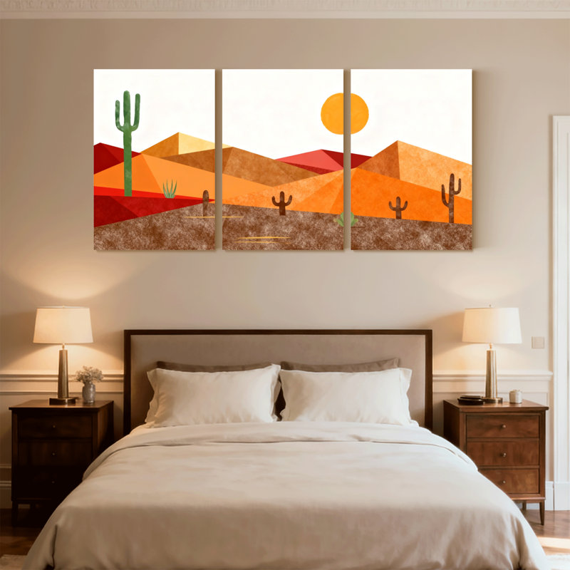 «Cactus Desert Landscape with Cactus and Sun», ensemble de 3 impressions sur toile, H 24 po x l 48 po