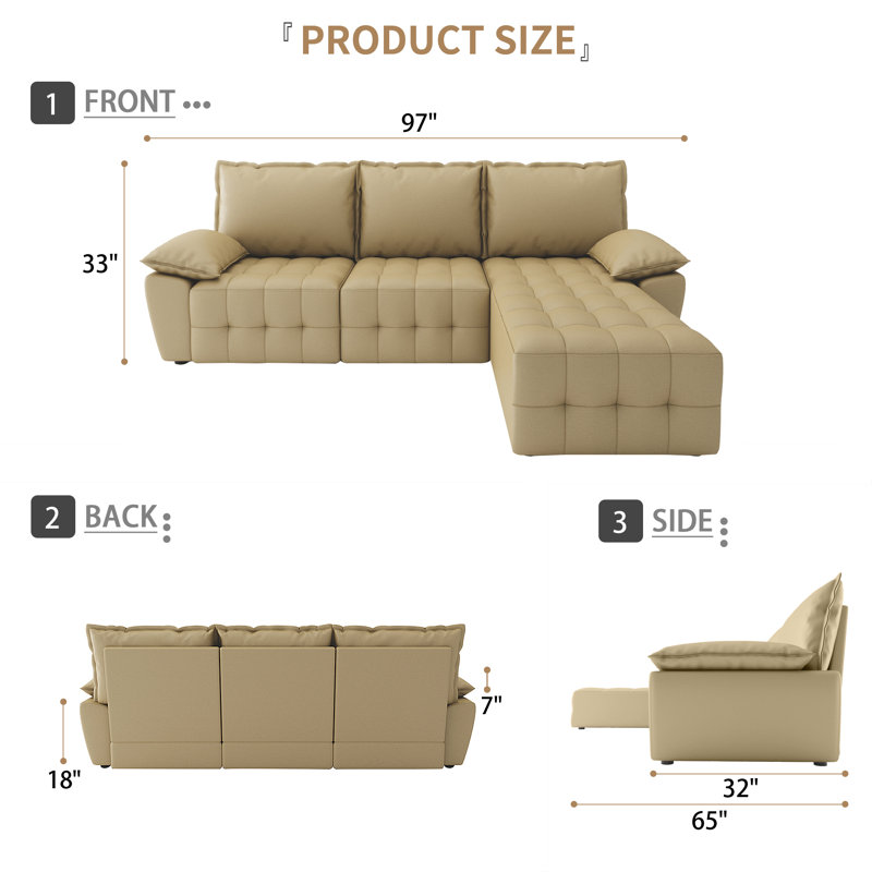 97 inch Modular Sectional Sofa Set, Extra Large L Shaped Couch with Reversible Chaise Modular Convertible Sectional Couch, Couches for Living Room Bedroom Lounge Office, Leather, Mustard Gold