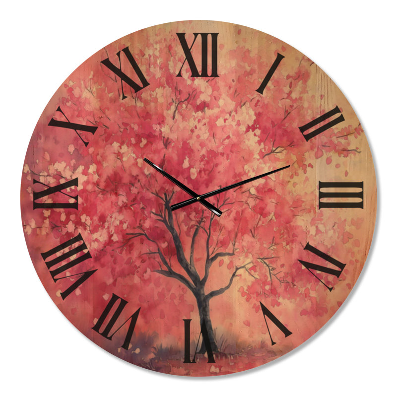 Grande horloge murale en bois imprimé cerisier en fleurs - arbre en fleurs rose, Oversized