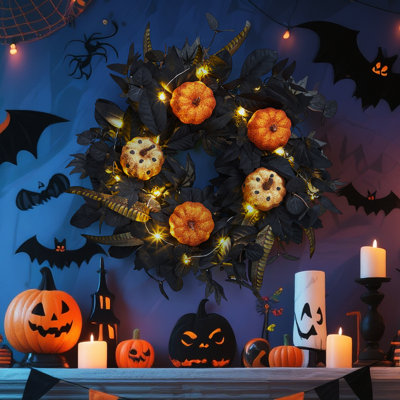 18 Inch Halloween Wreath for Front Door with Pumpkins and Maple Leaves