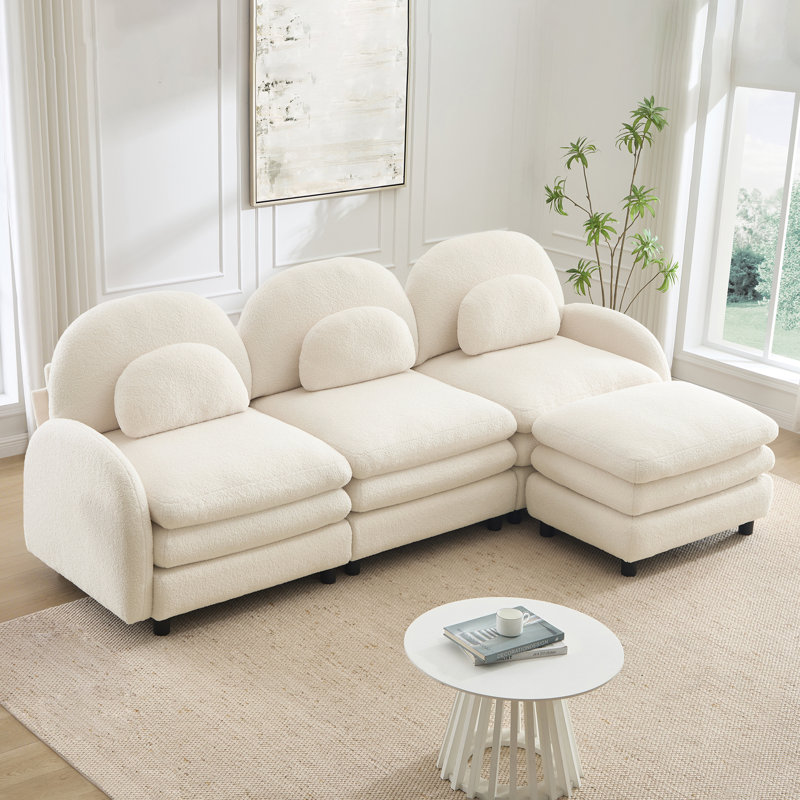 Canapé modulaire en polaire 3 places Teddy, 35.4" H x 98.2" W x 55.5" D, Blanc beige