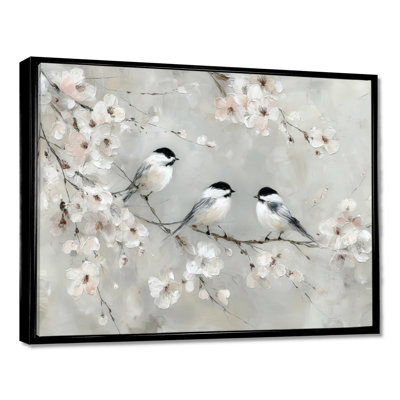 Lovebirds Singing On Cherry Blossom Branch - Floral Bird Canvas Wall Art, Black Botanical Framed Wall Art