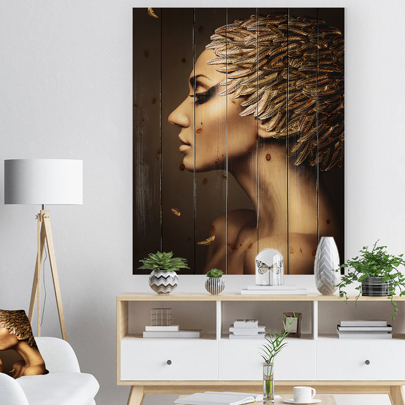 «Woman with Gold Feather Hat», reproduction d'impression, H 20 po x l 15 po x P 1po, Bois